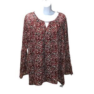 Roz + Ali Long Sleeve Patterned Flowy Blouse size M in Red Keyhole Cutout